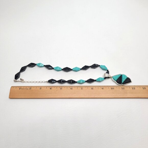 Jay King DRT Sterling Silver Blue Turquoise Onyx Inlay Pendant Beaded Necklace - Picture 3 of 10